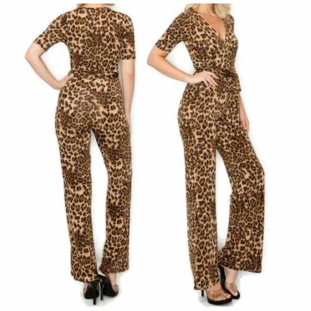 Janette Fashion Leopard Short Sleeve V-neck Jumpsuit